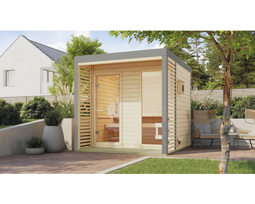Moderne tuinsauna van hout met glazen voorkant en houten lamellen aan de zijkant