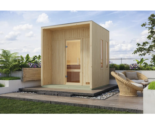 Houten buitensauna met glazen deur op een terras
