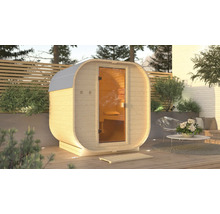 Houten barrel sauna met glazen deur buiten