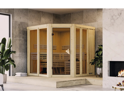 Houten hoeksauna met glazen deur en banken binnenin