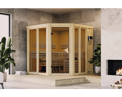 Hoeksauna met houten banken en glazen deur in een lichte ruimte