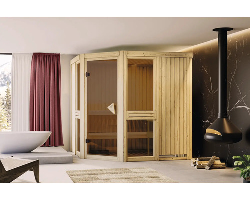 Houten binnensauna met glazen deur in een badkamer