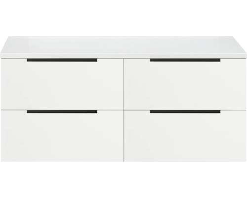 Witte wastafelonderkast met vier laden en zwarte handgrepen