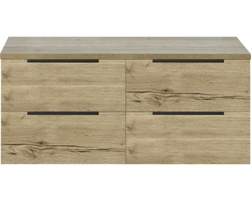 SANOX Badkamermeubelset voor waskom Seville natuur eiken 120 cm met edge greep en vier lades incl. bovenblad natuur eiken Houten ladekast met vier laden en handgrepen