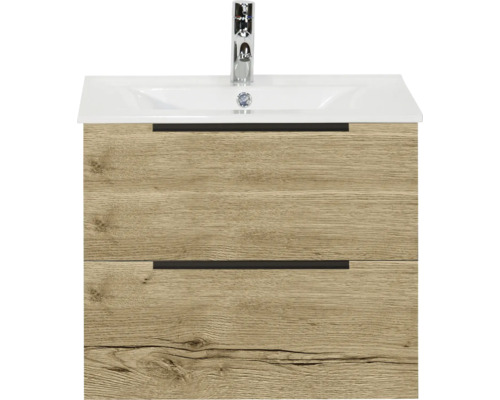 SANOX Badkamermeubelset Seville natuur eiken 60 cm met edge greep en twee lades incl. keramische wastafel Enjoy met één kraangat Wastafelonderkast met wastafel en kraan