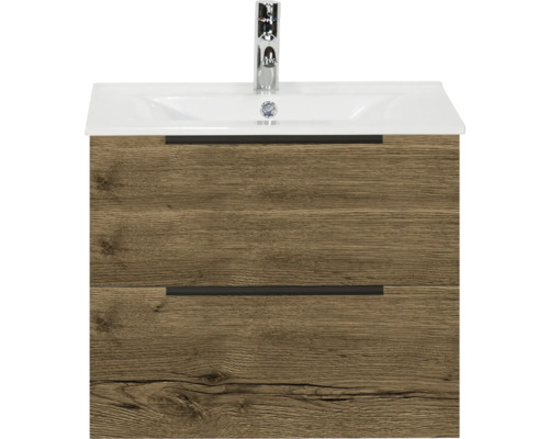 SANOX Badkamermeubelset Seville tabacco 60 cm met edge greep en twee lades incl. keramische wastafel Enjoy met één kraangat Wastafelonderkast met twee lades, wastafel en kraan