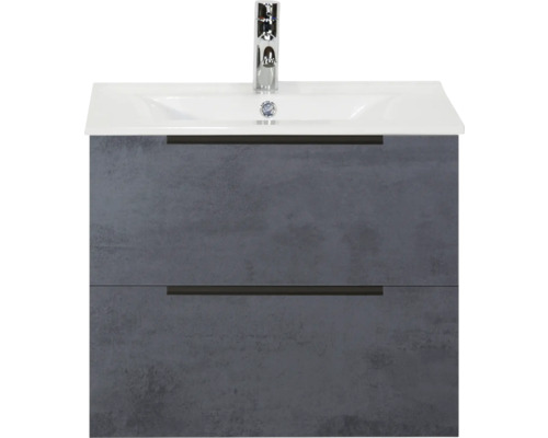 SANOX Badkamermeubelset Seville beton antraciet 60 cm met edge greep en twee lades incl. keramische wastafel Enjoy met één kraangat Wastafelonderkast met twee laden, wastafel en kraan