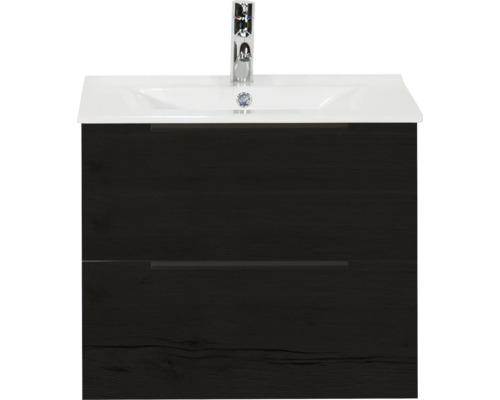 SANOX Badkamermeubelset Seville black oak 60 cm met edge greep en twee lades incl. keramische wastafel Enjoy met één kraangat Wastafelonderkast met wastafel en kraan
