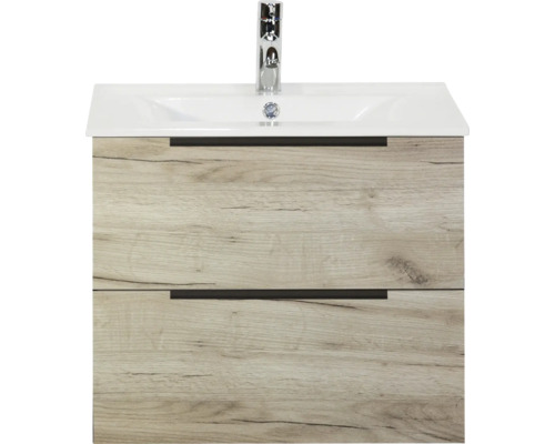 SANOX Badkamermeubelset Seville craft oak 60 cm met edge greep en twee lades incl. keramische wastafel Enjoy met één kraangat Wastafelonderkast met twee laden en wastafel