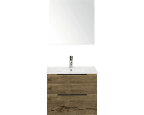 SANOX Badkamermeubelset Seville tabacco 60 cm met edge greep en twee lades incl. keramische wastafel Enjoy met één kraangat en spiegel Wastafelcombinatie met spiegel en twee lades in houtlook