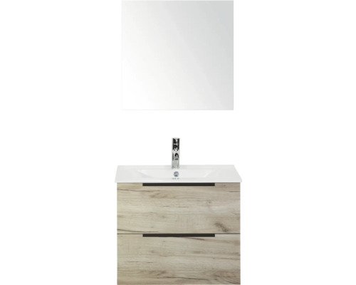 SANOX Badkamermeubelset Seville craft oak 60 cm met edge greep en twee lades incl. keramische wastafel Enjoy met één kraangat en spiegel Wastafelcombinatie met spiegel, wastafel, kraan en onderkast