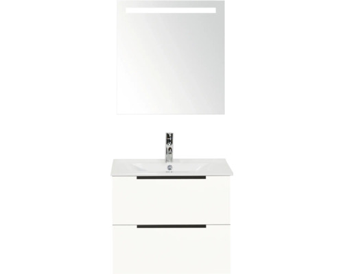 SANOX Badkamermeubelset Seville hoogglans wit 60 cm met edge greep en twee lades incl. keramische wastafel Enjoy met één kraangat en spiegel met verlichting Wastafelmeubel met onderkast en spiegel met verlichting