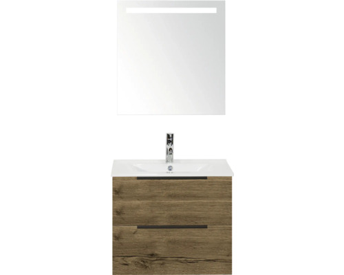 SANOX Badkamermeubelset Seville tabacco 60 cm met edge greep en twee lades incl. keramische wastafel Enjoy met één kraangat en spiegel met verlichting Wastafelcombinatie met spiegel en houten onderkast
