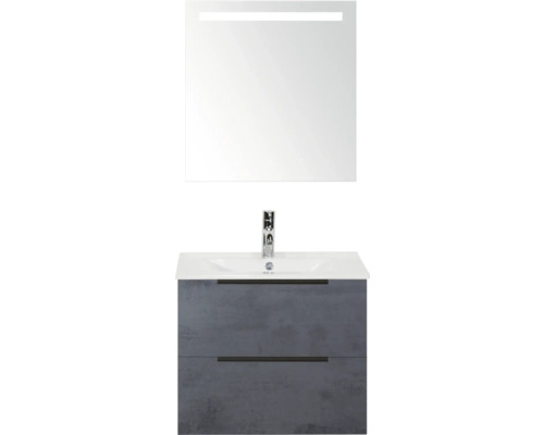 SANOX Badkamermeubelset Seville beton antraciet 60 cm met edge greep en twee lades incl. keramische wastafel Enjoy met één kraangat en spiegel met verlichting Wastafel met onderkast en spiegel met verlichting voor de badkamer
