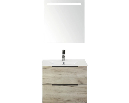 SANOX Badkamermeubelset Seville craft oak 60 cm met edge greep en twee lades incl. keramische wastafel Enjoy met één kraangat en spiegel met verlichting Wastafelmeubel met spiegel en twee lades in houtdesign