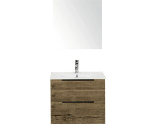 SANOX Badkamermeubelset Seville tabacco 60 cm met edge greep en twee lades incl. keramische wastafel Enjoy met één kraangat en spiegelkast Wastafelcombinatie met spiegel, kraan en onderkast