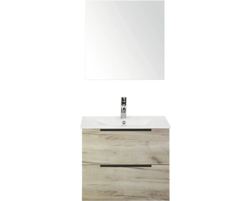 SANOX Badkamermeubelset Seville craft oak 60 cm met edge greep en twee lades incl. keramische wastafel Enjoy met één kraangat en spiegelkast Wastafelmeubel met spiegel, wastafel en onderkast