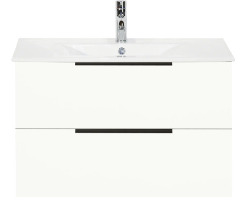 SANOX Badkamermeubelset Seville hoogglans wit 80 cm met edge greep en twee lades incl. keramische wastafel Enjoy met één kraangat Wastafelmeubel met wastafel en twee laden