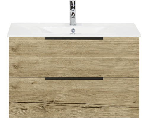 SANOX Badkamermeubelset Seville natuur eiken 80 cm met edge greep en twee lades incl. keramische wastafel Enjoy met één kraangat Wastafelonderkast met twee laden en opzetwastafel