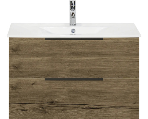 SANOX Badkamermeubelset Seville tabacco 80 cm met edge greep en twee lades incl. keramische wastafel Enjoy met één kraangat Wastafelmeubel met twee laden en kraan