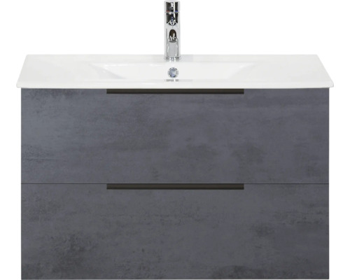 SANOX Badkamermeubelset Seville beton antraciet 80 cm met edge greep en twee lades incl. keramische wastafel Enjoy met één kraangat Wastafelonderkast met twee laden en opzetwastafel plus kraan