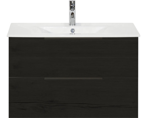 SANOX Badkamermeubelset Seville black oak 80 cm met edge greep en twee lades incl. keramische wastafel Enjoy met één kraangat Wastafelonderkast met twee laden en opzetwastafel