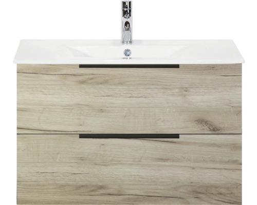 SANOX Badkamermeubelset Seville craft oak 80 cm met edge greep en twee lades incl. keramische wastafel Enjoy met één kraangat Wastafelonderkast met twee laden en opzetwastafel