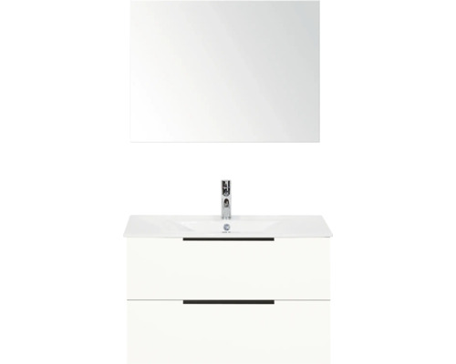 SANOX Badkamermeubelset Seville hoogglans wit 80 cm met edge greep en twee lades incl. keramische wastafel Enjoy met één kraangat en spiegel Badkamermeubelset met spiegel, wastafel en onderkast