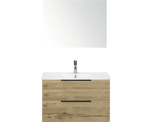 SANOX Badkamermeubelset Seville natuur eiken 80 cm met edge greep en twee lades incl. keramische wastafel Enjoy met één kraangat en spiegel Wastafelcombinatie met spiegel, wastafel, onderkast en twee lades