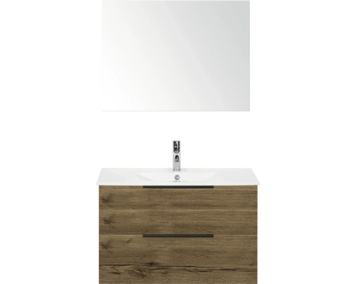 SANOX Badkamermeubelset Seville tabacco 80 cm met edge greep en twee lades incl. keramische wastafel Enjoy met één kraangat en spiegel Wastafelmeubel met spiegel, twee laden en wastafel