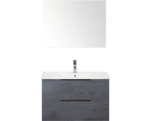 SANOX Badkamermeubelset Seville beton antraciet 80 cm met edge greep en twee lades incl. keramische wastafel Enjoy met één kraangat en spiegel Wastafelcombinatie met spiegel, wastafel en onderkast