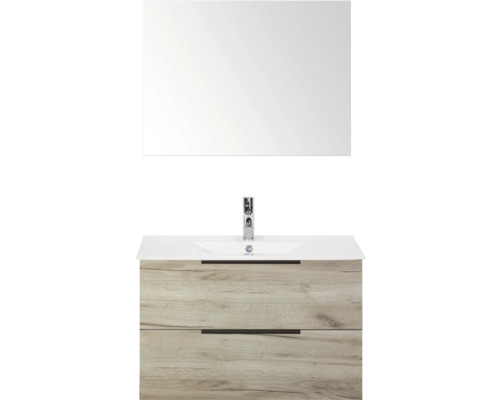 SANOX Badkamermeubelset Seville craft oak 80 cm met edge greep en twee lades incl. keramische wastafel Enjoy met één kraangat en spiegel Wastafelcombinatie met spiegel, wastafel en twee lades