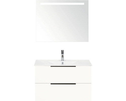 SANOX Badkamermeubelset Seville hoogglans wit 80 cm met edge greep en twee lades incl. keramische wastafel Enjoy met één kraangat en spiegel met verlichting Wastafelmeubel met onderkast en spiegel met verlichting