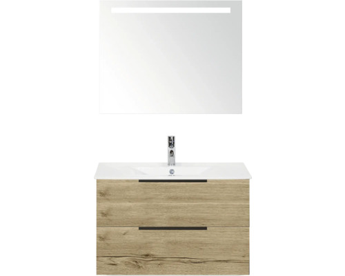 SANOX Badkamermeubelset Seville natuur eiken 80 cm met edge greep en twee lades incl. keramische wastafel Enjoy met één kraangat en spiegel met verlichting Wastafelonderkast met wastafel en spiegel met verlichting