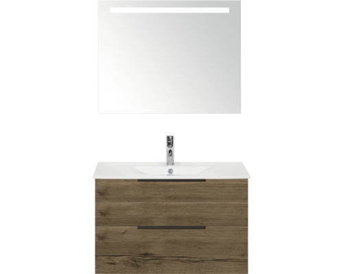 SANOX Badkamermeubelset Seville tabacco 80 cm met edge greep en twee lades incl. keramische wastafel Enjoy met één kraangat en spiegel met verlichting Wastafelmeubel met spiegel en onderkast met twee laden