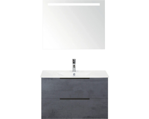 SANOX Badkamermeubelset Seville beton antraciet 80 cm met edge greep en twee lades incl. keramische wastafel Enjoy met één kraangat en spiegel met verlichting Wastafelmeubel met onderkast, spiegel en verlichting voor de badkamer
