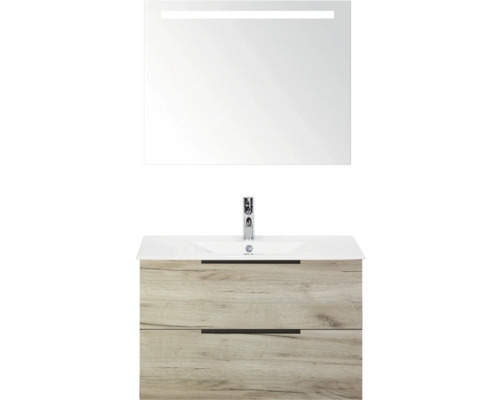 SANOX Badkamermeubelset Seville craft oak 80 cm met edge greep en twee lades incl. keramische wastafel Enjoy met één kraangat en spiegel met verlichting Wastafelcombinatie met spiegel en onderkast in houtdesign