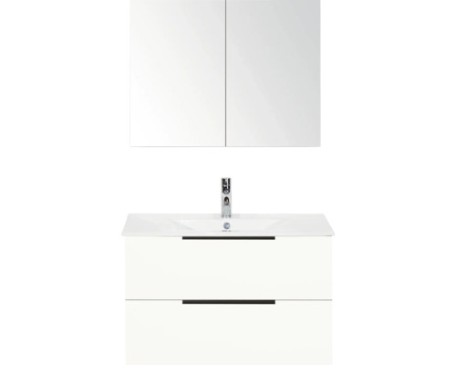 SANOX Badkamermeubelset Seville hoogglans wit 80 cm met edge greep en twee lades incl. keramische wastafel Enjoy met één kraangat en spiegelkast Spiegelhangkast met wastafelonderkast en armatuur voor de badkamer