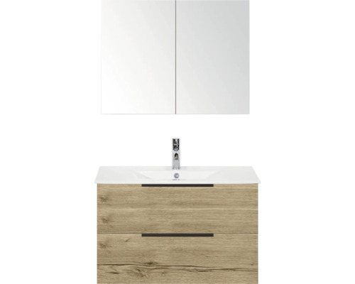 SANOX Badkamermeubelset Seville natuur eiken 80 cm met edge greep en twee lades incl. keramische wastafel Enjoy met één kraangat en spiegelkast Wastafelcombinatie met spiegelkast, wastafel, kraan en onderkast