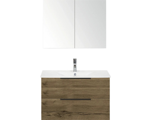 SANOX Badkamermeubelset Seville tabacco 80 cm met edge greep en twee lades incl. keramische wastafel Enjoy met één kraangat en spiegelkast Wastafelonderkast met spiegel voor badkamer