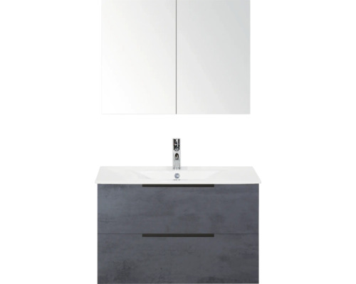 SANOX Badkamermeubelset Seville beton antraciet 80 cm met edge greep en twee lades incl. keramische wastafel Enjoy met één kraangat en spiegelkast Wastafelmeubel met onderkast, wastafelkraan en spiegelkast