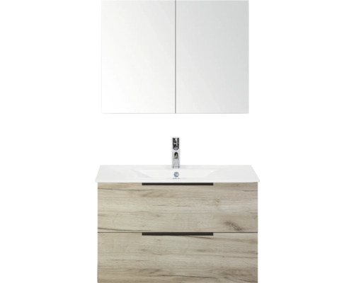 SANOX Badkamermeubelset Seville craft oak 80 cm met edge greep en twee lades incl. keramische wastafel Enjoy met één kraangat en spiegelkast Badkamermeubelset met wastafel, onderkast met lades en spiegelkast