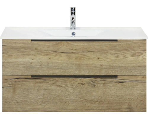 SANOX Badkamermeubelset Seville natuur eiken 100 cm met edge greep en twee lades incl. keramische wastafel Enjoy met één kraangat Wastafelonderkast met twee laden en wastafel