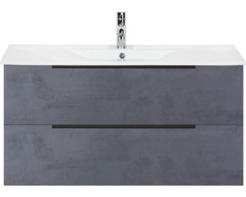 SANOX Badkamermeubelset Seville beton antraciet 100 cm met edge greep en twee lades incl. keramische wastafel Enjoy met één kraangat Wastafelmeubel met twee laden en kraan