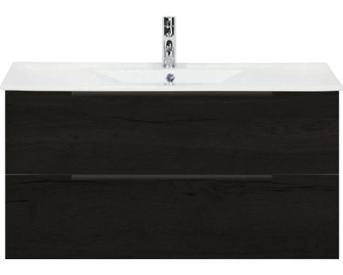 SANOX Badkamermeubelset Seville black oak 100 cm met edge greep en twee lades incl. keramische wastafel Enjoy met één kraangat Wastafelonderkast met twee laden en opzetwastafel