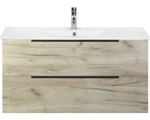 SANOX Badkamermeubelset Seville craft oak 100 cm met edge greep en twee lades incl. keramische wastafel Enjoy met één kraangat Wastafelmeubel met twee laden en een wastafel