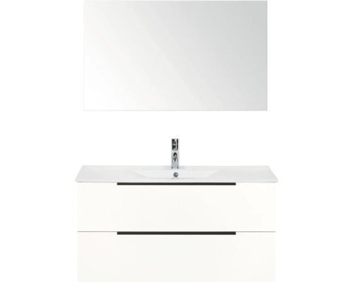 SANOX Badkamermeubelset Seville hoogglans wit 100 cm met edge greep en twee lades incl. keramische wastafel Enjoy met één kraangat en spiegel Wastafel met spiegel en onderkast voor de badkamer