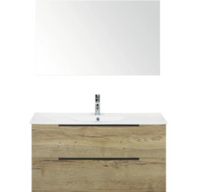 Wastafelcombinatie met spiegel, wastafelonderkast met twee lades en houten decor