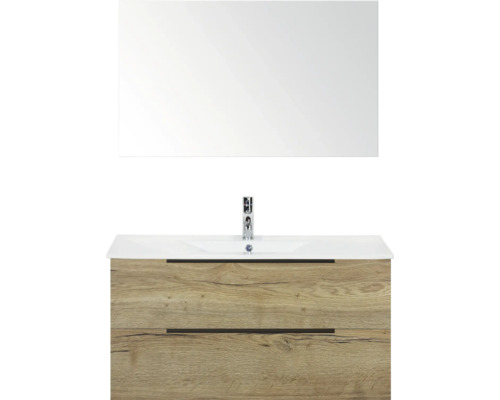 SANOX Badkamermeubelset Seville natuur eiken 100 cm met edge greep en twee lades incl. keramische wastafel Enjoy met één kraangat en spiegel Wastafelcombinatie met spiegel, wastafelonderkast met twee lades en houten decor