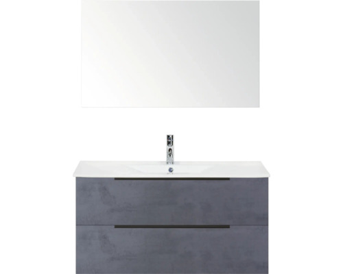 SANOX Badkamermeubelset Seville beton antraciet 100 cm met edge greep en twee lades incl. keramische wastafel Enjoy met één kraangat en spiegel Wastafelcombinatie met wastafel, onderkast en spiegel voor de badkamer